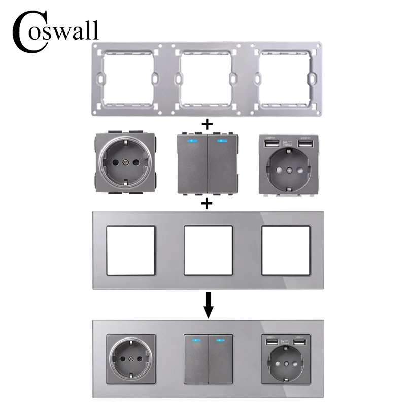 COSWALL C11 Series Grey Glass Panel Wall Switch EU French Socket USB Type-C 20W Fast Charger TV RJ45 Module DIY