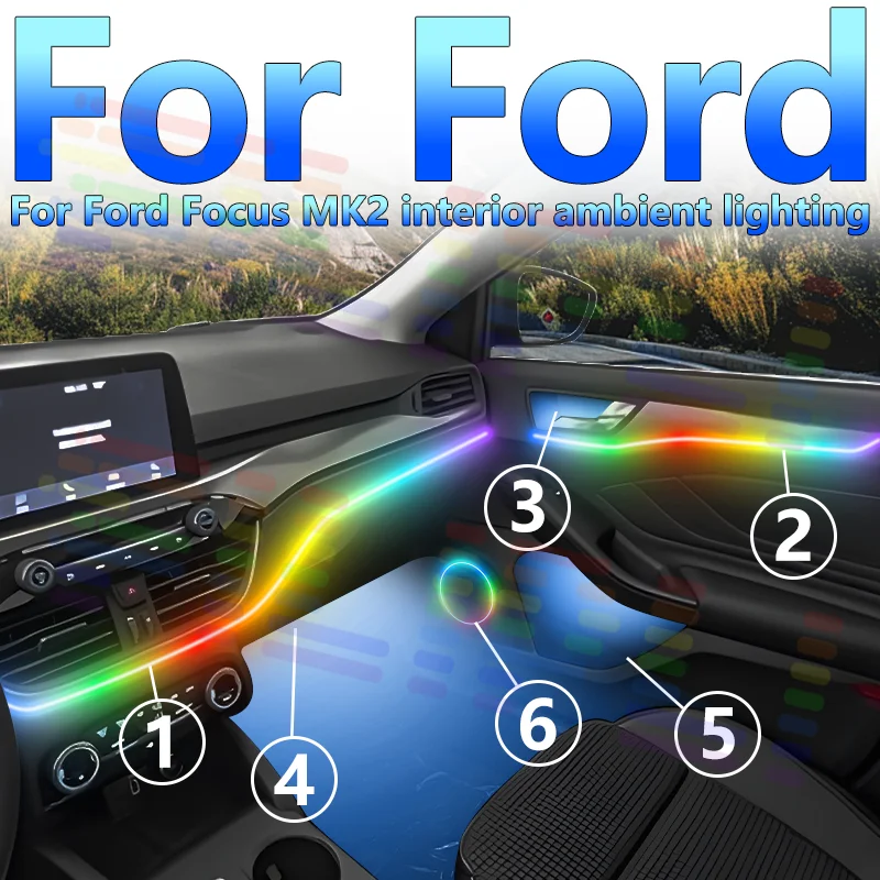 

For Ford Focus MK2 Dynamic LED Vehicle Mood Atmosphere Over 64s with Vibrant Effects Mobile App Enabled Multiple Modes