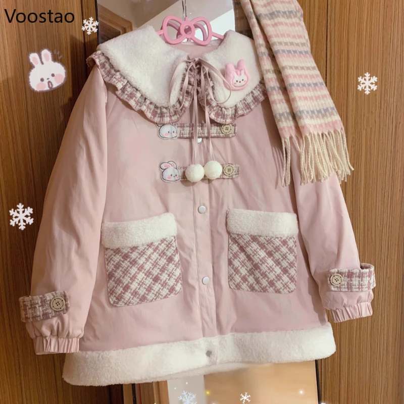 

Japanese Pink Kawaii Lolita Style Women Parkas Sweet Peter Pan Collar Cartoon Rabbit Casual Coat Girls Y2k Aesthetic Warm Jacket
