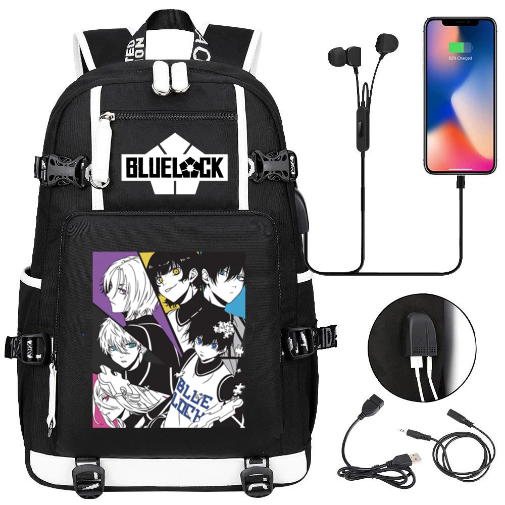 أنيمي الأزرق قفل حقيبة الظهر SEISHIRO ناجي يطبع منفذ USB المراهقين حقيبة كمبيوتر محمول سعة كبيرة الحقائب المدرسية الرجال حقيبة السفر