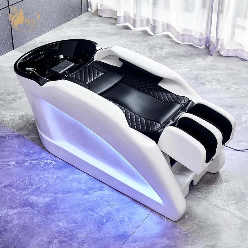 Luxury LED Shampoo Bed with Reclining Seat Black Cushion Modern Salon Spa Wash Station