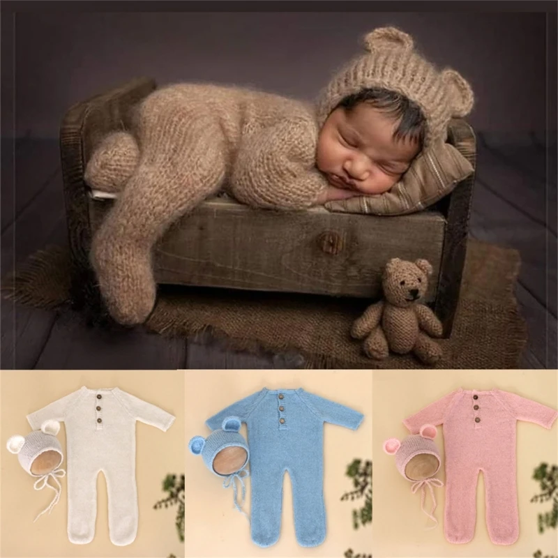 Newborn Photo Props Mohair Bear Costume Bonnet Hat Baby Footed Romper PhotoShooting Clothes Photostudio Accessory 2PCS