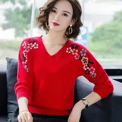 V-neck Embroidery knitted Pullovers Women Fashion Autumn Elastic Sweaters Large Size Casual Knitwear Tops Femme Bottoming Shirt