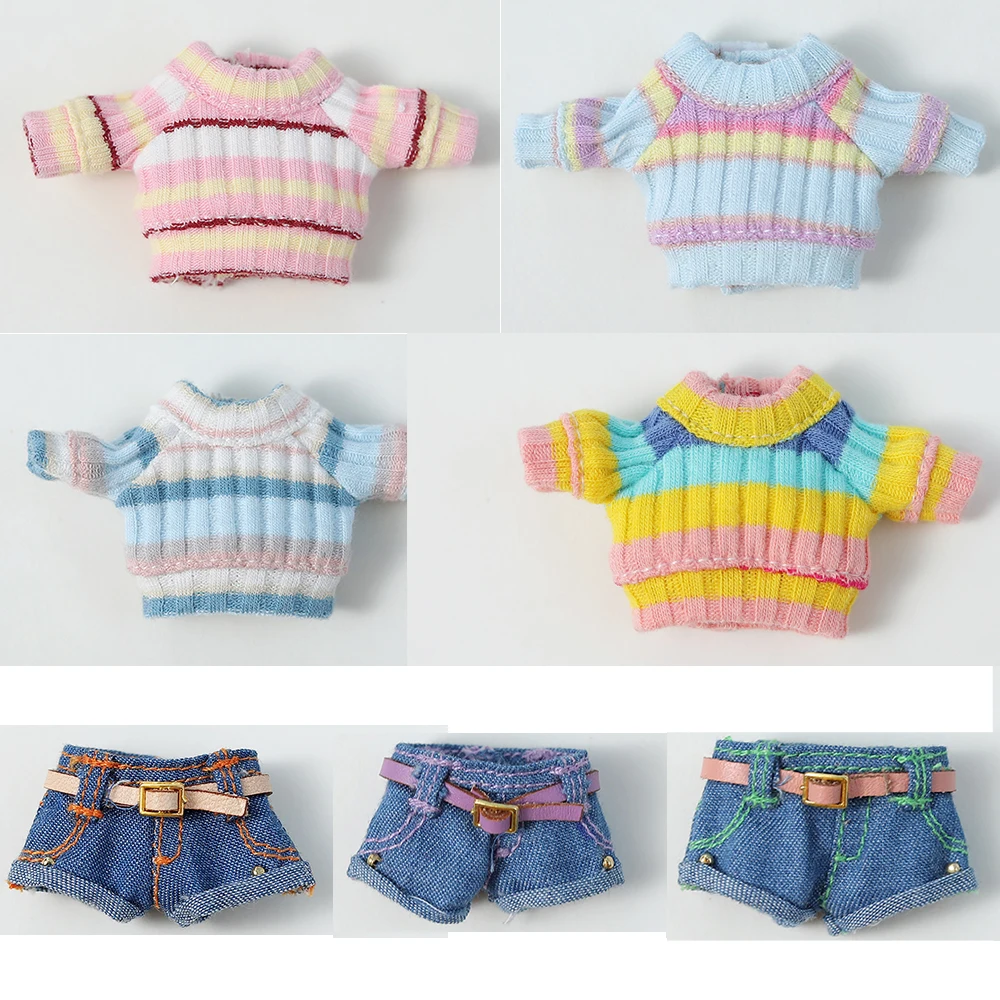 Handmade Ob11 Doll Rainbow Sweater Clothes Doll Denim Shorts With Belt Accessories For Obitsu 11 Clothes 1/12 Bjd, Obitsu11, Gsc