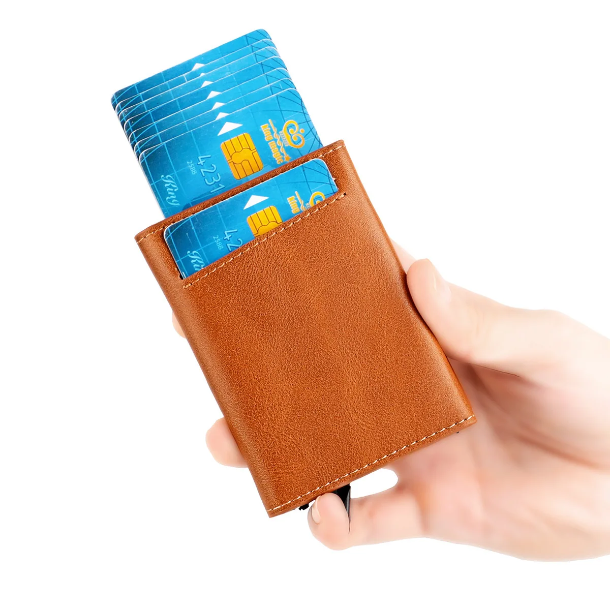 

RFID Blocking Pop Up Wallet Men Minimalist Slim Tri-fold Aluminum Card Holder Microfiber Leather Automatic Ejector Case