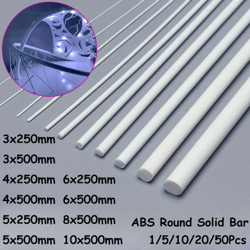 

Diameter 3/4/5/6/8/10mm ABS Plastic White Round Solid Bar Length 250/500mm for DIY House Sand Table Model Building Making
