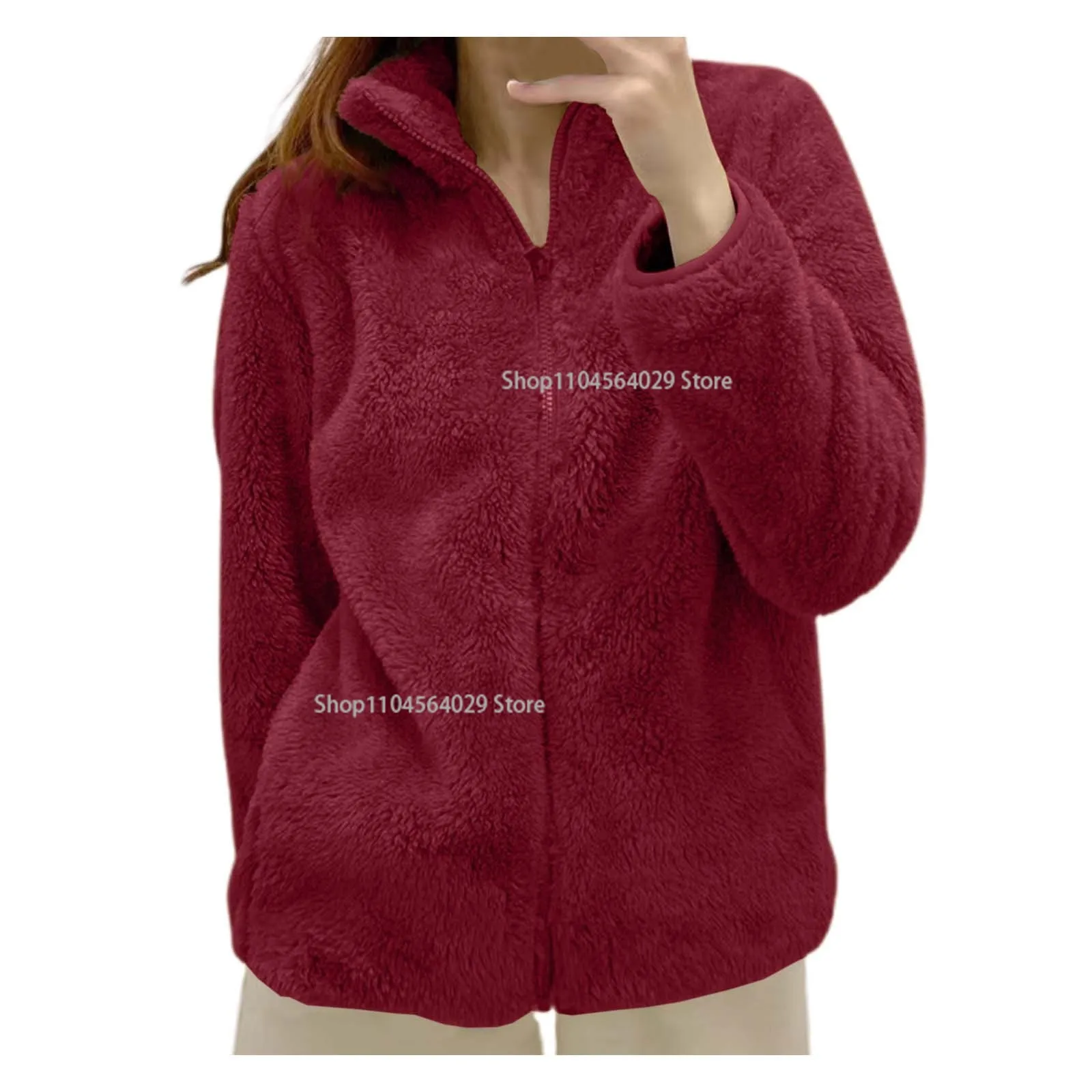 

Women Autumn Winter Warm Soft Polar Fleece Jacket Solid Color Long Sleeve Zipper Stand Collar Double-Sided Velvet Outwears Coat