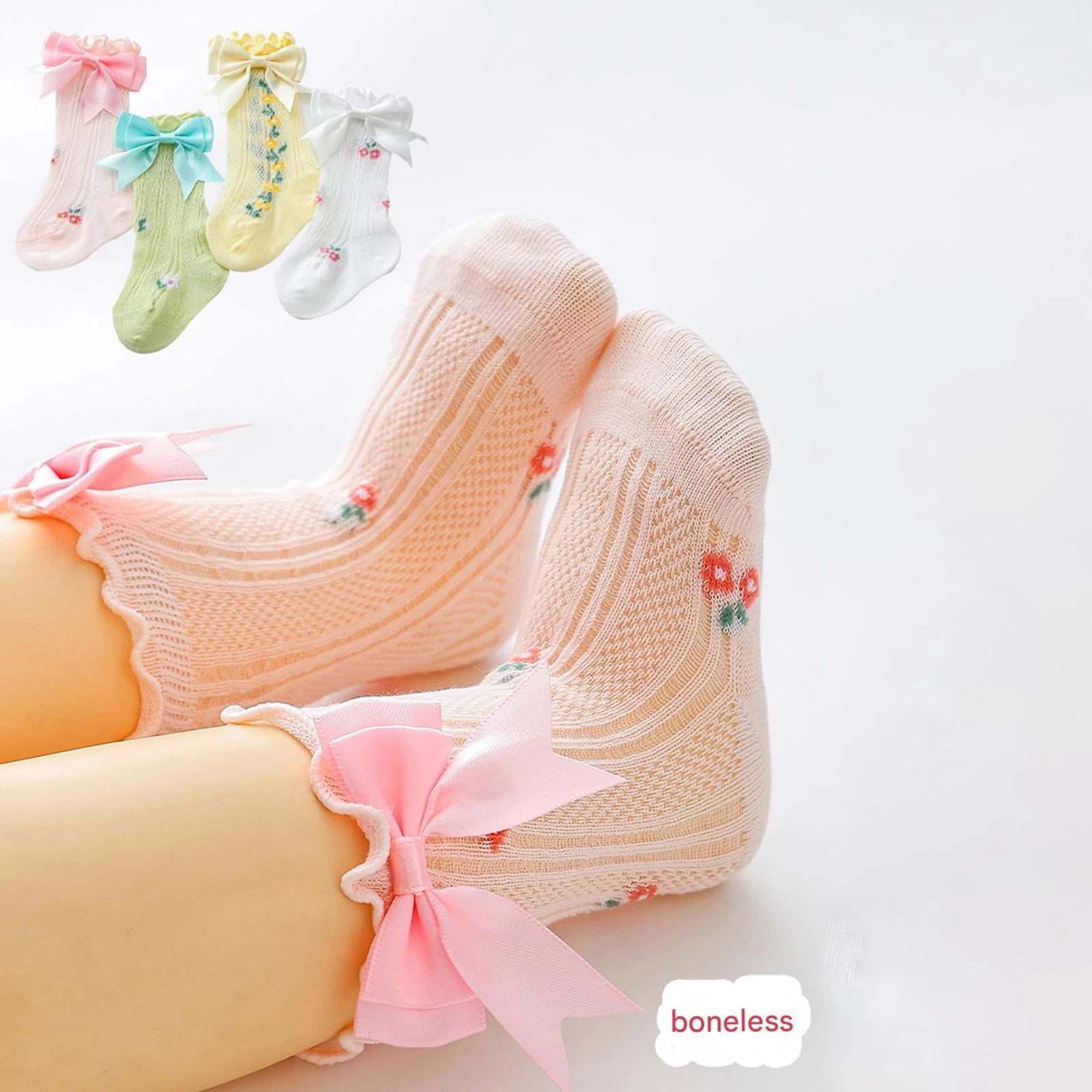 

0-5Years Little Girls Ruffled Ankle Socks Breathable Bow Flower Decorated Mid Calf Socks Toddler Infant Princess Socks