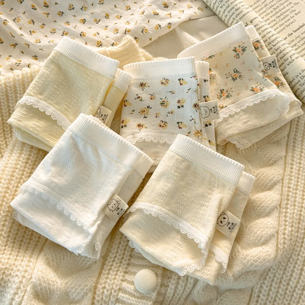 

Cute Middle Waist Cotton Floral Briefs Ruffles Elastic Women Flower Underpants Underwear Lingeries Lace Flower Panties Teenagers