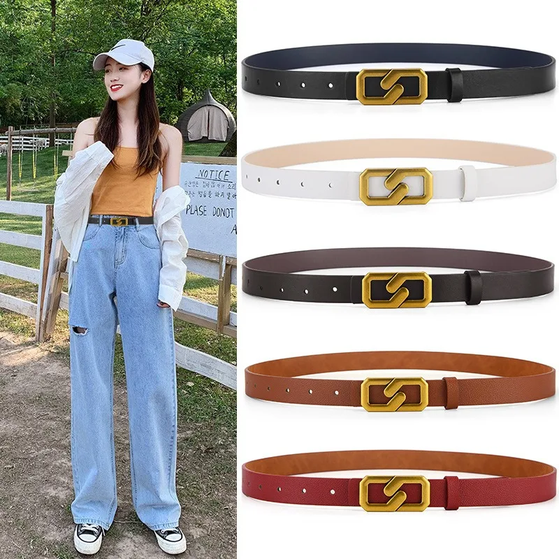 ZLY 2024 New Fashion Solid Belt Women 105CM PU leather Material Alloy Golden Rectangle Buckle Casual Jeans Versatile Style Belt