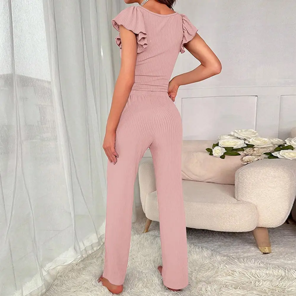 Two-piece Home Loungewear Elegant Summer Women's Pajama Set with Short Sleeves Elastic Waist Pants Scoop Neck Blouse for Nightie