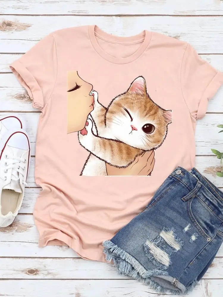 

Female Summer T Clothing Print Graphic Tee 90s Cat Pet Fashion Short Sleeve Casual T-shirts Clothes Trend Friend Sweet Women