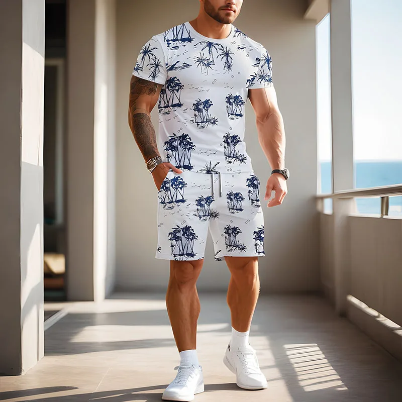 

Men's Large Size Quick Drying Breathable Beach Leisure Set Outdoor Fashion Leisure Slow Running Short T-shirt Shorts 2-piece Set