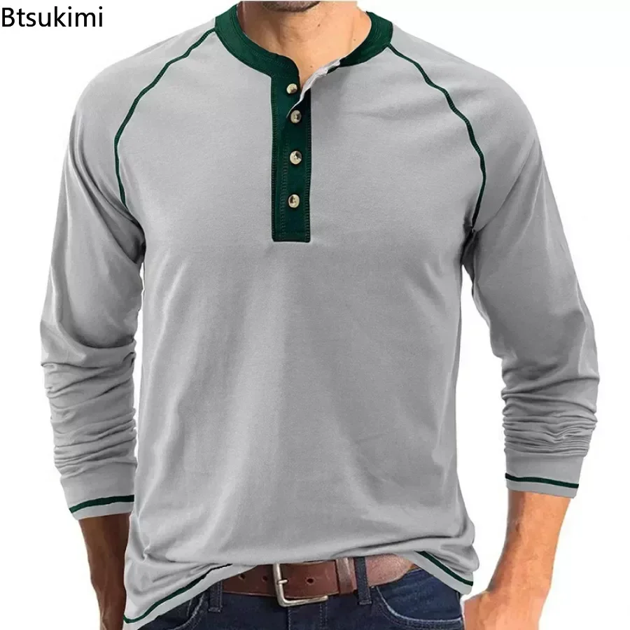 2024 Men\'s Casual Long Sleeve TShirt Solid Cotton Streetwear Outdoor Tops Tees Male Fashion O Neck T Shirt Button Top Men Shirts