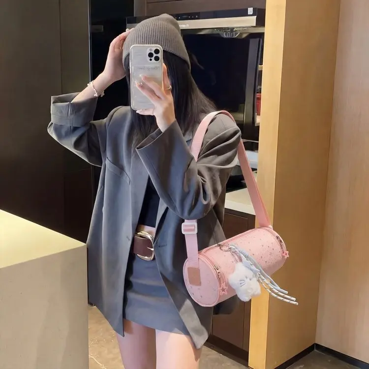 Fashionable Star Cylinder Bag Lightweight Crossbody Pillow Shaped Shoulder Bag for Girls Student Trendy Design Handbag