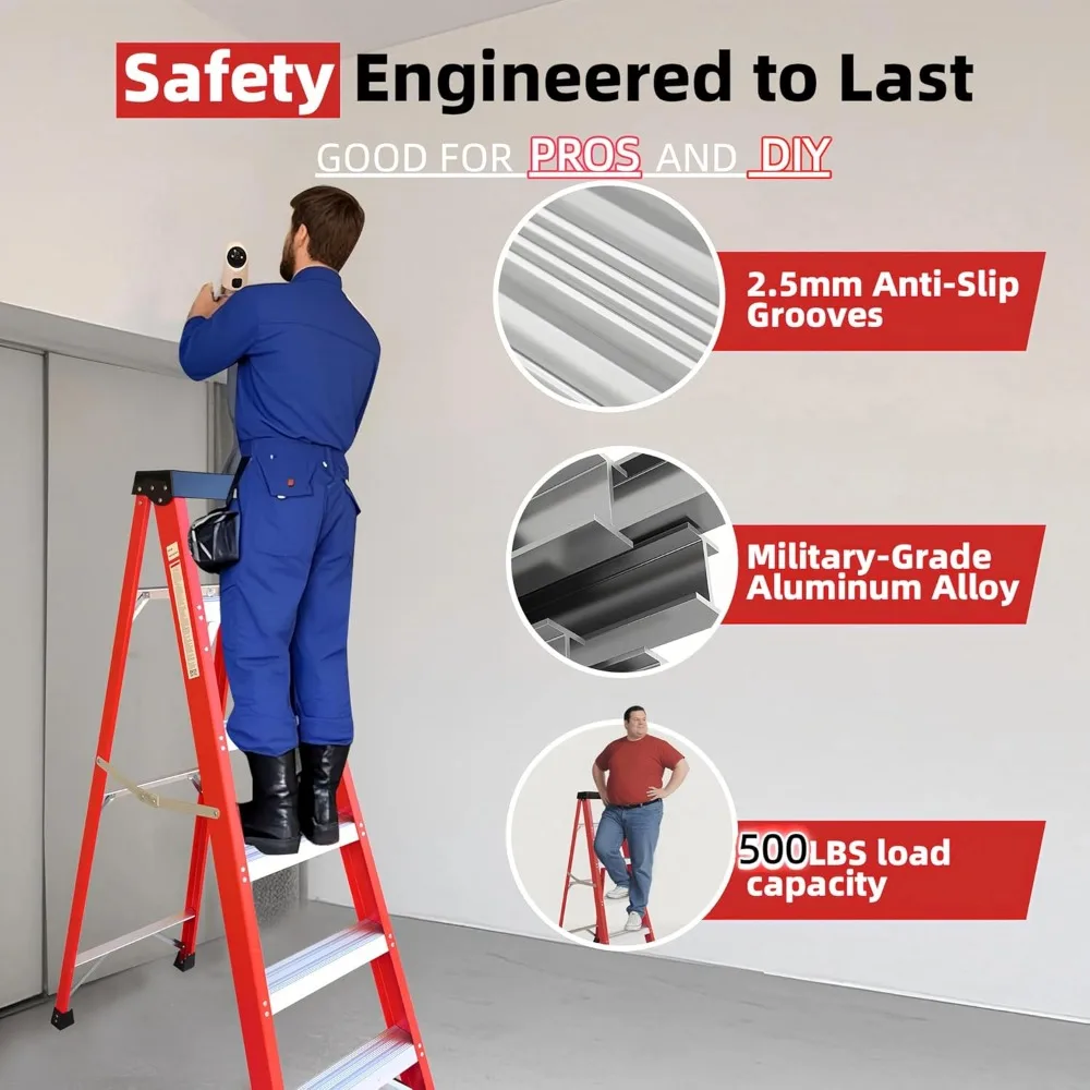 سلم من الألياف الزجاجية بطول 6 أقدام مع منصة أدوات، سعة 500 رطل، نوع IA للمطبخ والمستودعات والاستخدام المنزلي