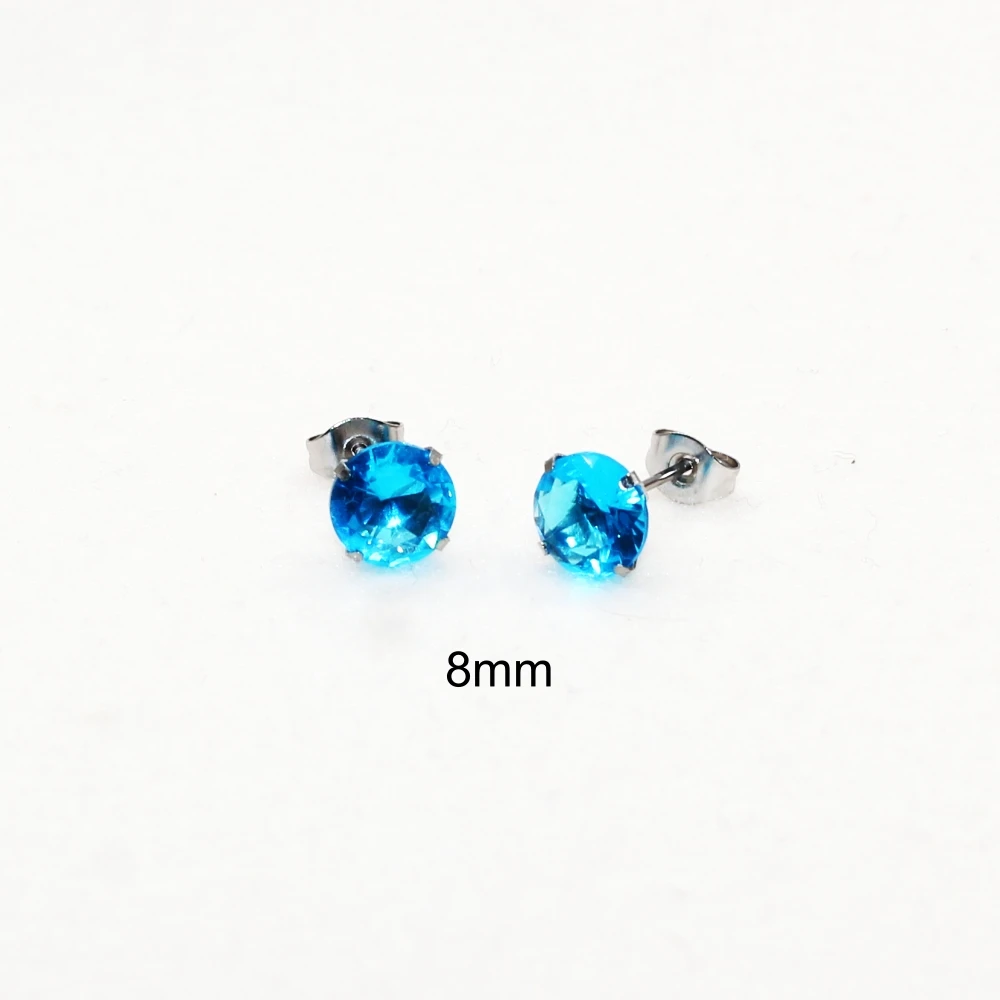 Stainless Steel Stud Earrings With Ocean Blue Zircons Classical Style From 3mm to 8mm No Fade Allergy Free Quality Jewelry