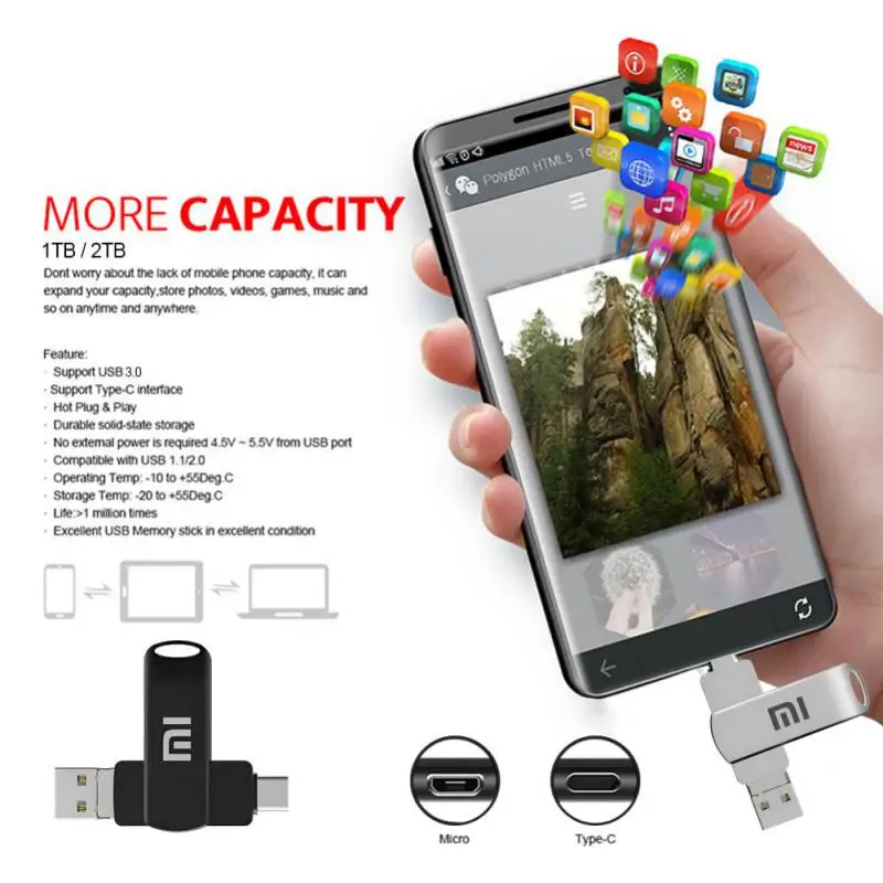 Xiaomi 2 In 1 OTG 2TB Pen drive USB 3.0 & Usb-C Flash Pen Drive Memory Stick Usb 3.0 Flash Drive 128GB 256G 512G Type C Pendrive