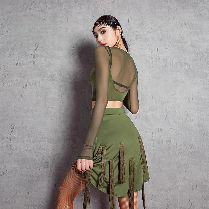 ผู้หญิงละตินเต้นรําชุดเซ็กซี่ไม่สม่ําเสมอพู่เต้นรํากระโปรงห้องบอลรูม Rumba Samba Tops หญิง Chacha STAGE เครื่องแต่งกาย