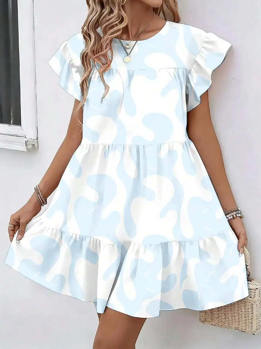 

Casual Summer Women Dress Abstract Blue White Wave Pattern Round Neck Loose Babydoll For Beach Vacation Daily Wear