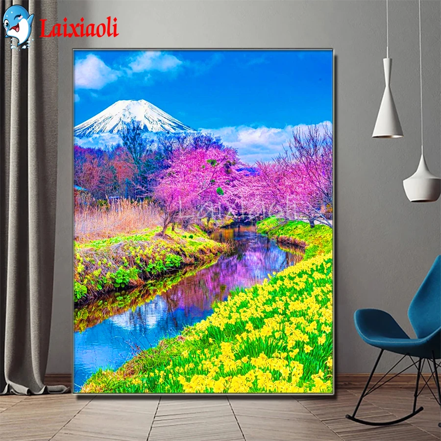 

Full Drill Diamond Painting Snow mountain cherry blossom Cross Stitch Diamond Embroidery Mosaic landscape Handmade Home Decor