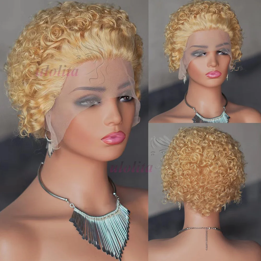 

Honey Blonde 613 Short Curly Wig For Black Women 13x1 Pixie Cut Curly Lace Frontal Wigs Brazilian Virgin Remy Human Hair Wig