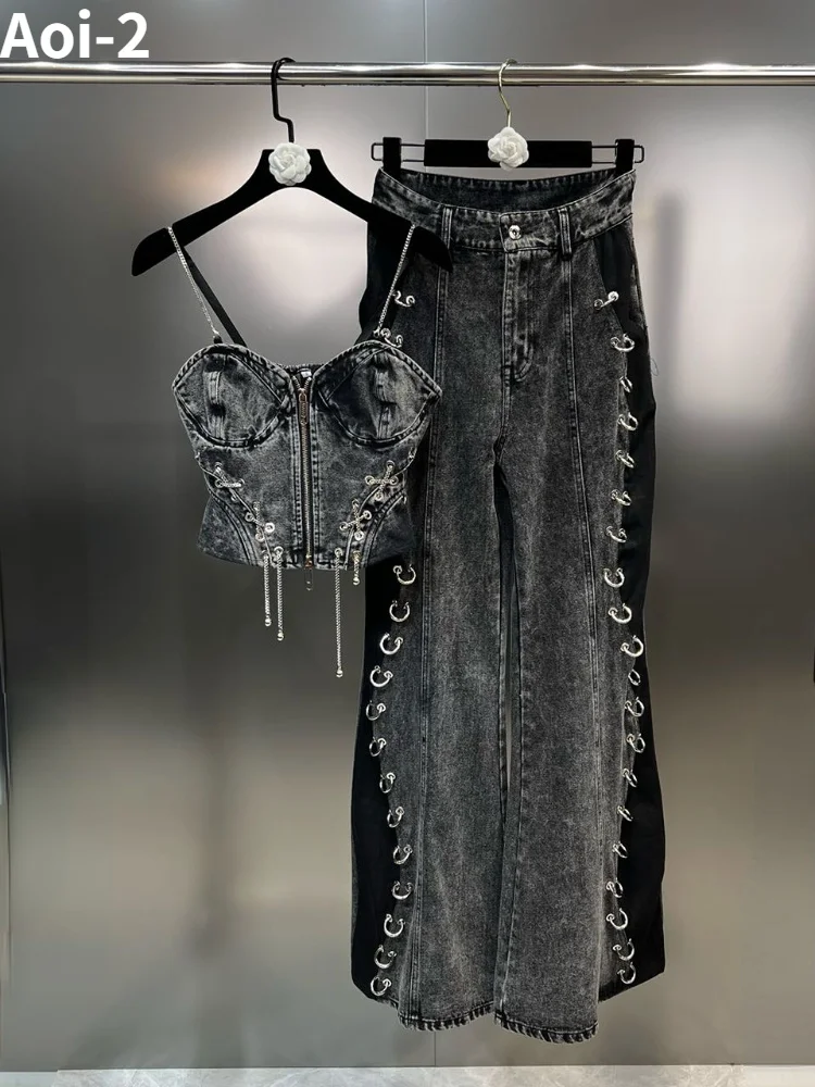 European American Street Suit Women 2023 Summer Autumn New Vintage Denim Strap Chain Vest+Iron Ring Jeans Pants Punk Style Sui