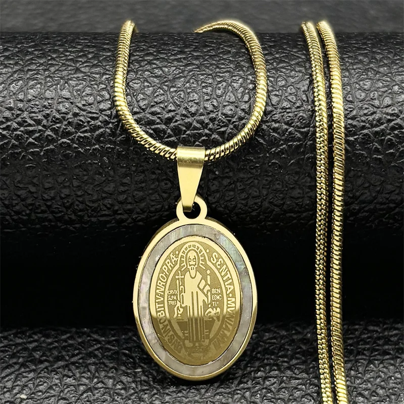 

Natural Shell Saint Benedict Medallion Pendant Necklace for Women Men Stainless Steel Snake Chain Necklaces Jewelry San Benito