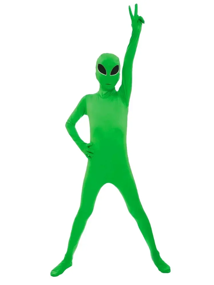 Green ET Alien Kids Jumpsuit Cosplay Costume Jumpsuit Adult ET Alien Mask Full Set Halloween Party Masquerade Bodysuit Suit image 5