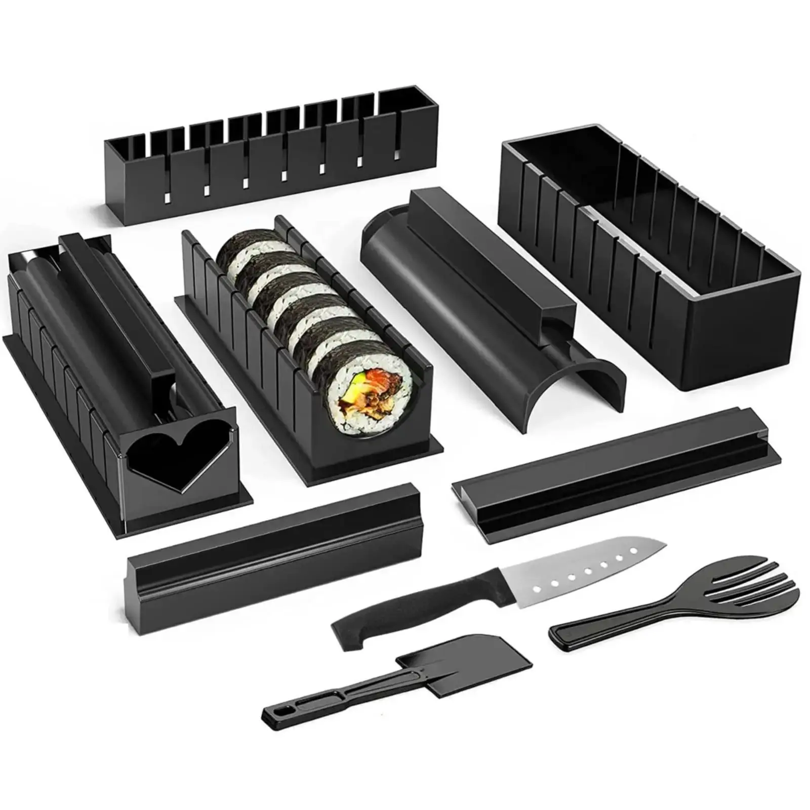 Sushi Maker Set,11PCS Sushi Making Kit Sushi Maker Set mit Reis Roll Formen, Gabel, Messer, Rolling Matte, Roll Mold