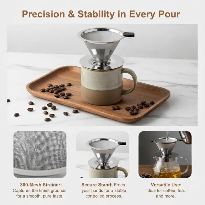 Stainless Steel Pour Over Coffee Filter Ultra Fine Mesh Dishwasher Safe Dripper for Family Gathering Party Coffee Brewing