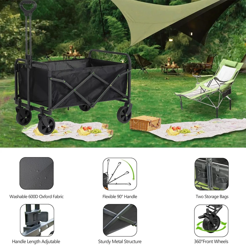 Collapsible Wheeled Folding Cart Folding Wagon Shopping Beach Garden Pull Trolley Outdoor Portable Utility Cart for car camping