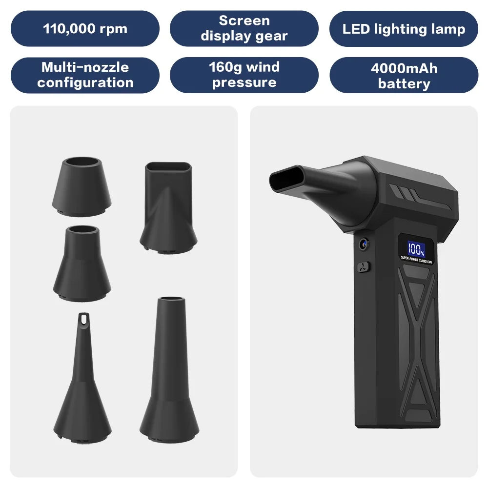 Krachtige luchtblazer 110000 tpm 4 versnellingen verstelbare turbo-jetblazer met led-licht Batterijweergave Draadloze persluchtstofdoek