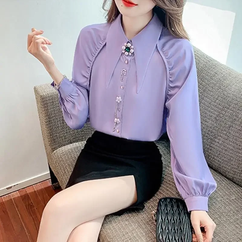 Neue Herbst Temperament Diamanten einfarbig Chiffon Turn-Down-Kragen Langarm Bluse Femme Mode Knöpfe Damen hemd n774