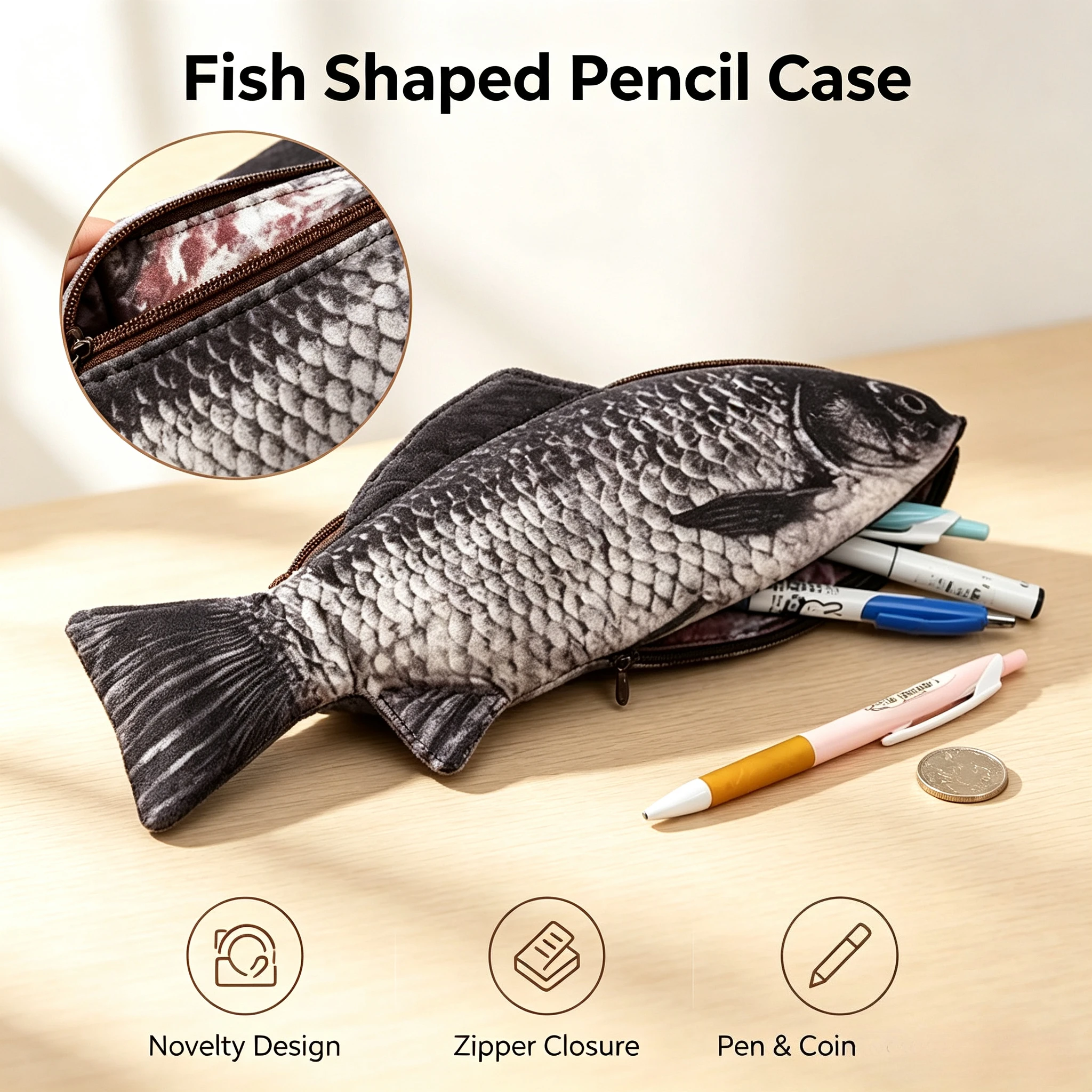 Novelty Fish Shaped Pencil Case Pen Bag Coin Purse Pouch - Large Capacity Funny Stationery Organizer for School Office Gift