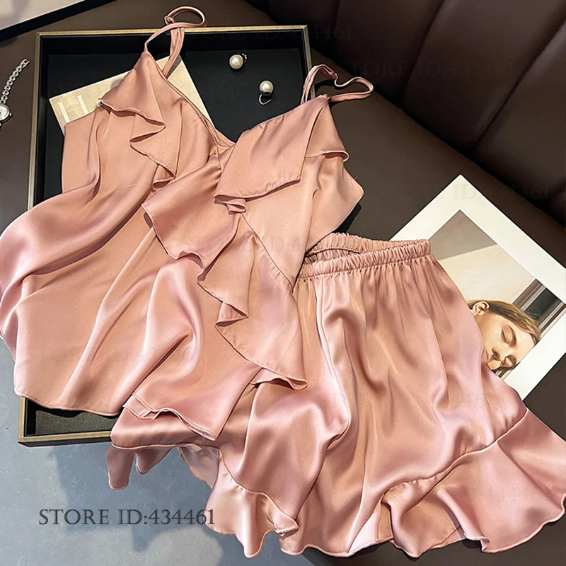 

Sexy Spaghetti Strap Pajama Set Sleepwear Summer New Ice Silk Nightwear Pijamas Suit Loose Casual Home Wear Strap Top&shorts