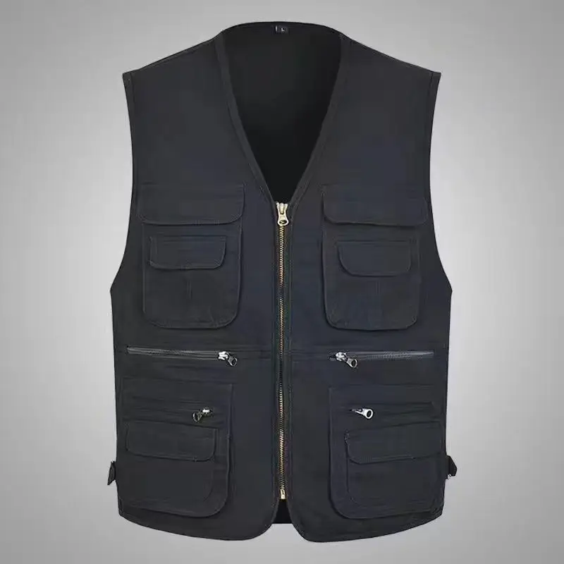 

Men's Thin Multi-ket Work Vest Outdoor Fiing Jaet Dad's Top Cotton Stand Fit V-Ne Autumn Faion Urban Sle