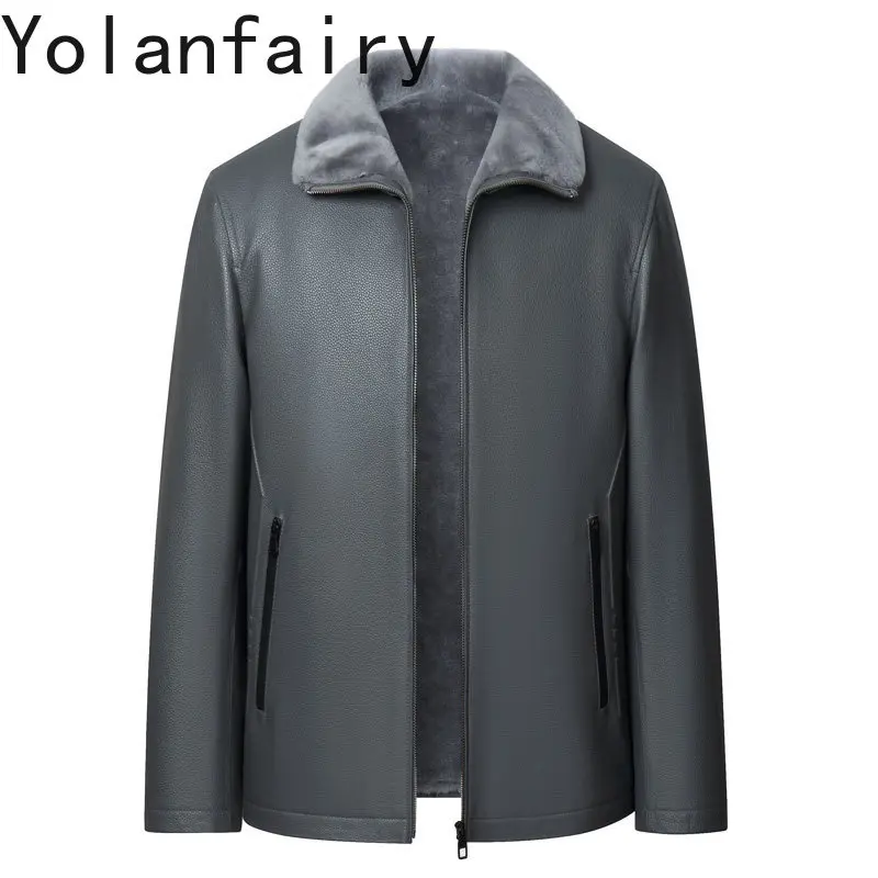 YOLANFAIRY High-end Cowhide Genuine Leather Jacket Men Autumn Winter Warm Wool Fur Liner Jackets Fashion Real Fur Coats chaqueta
