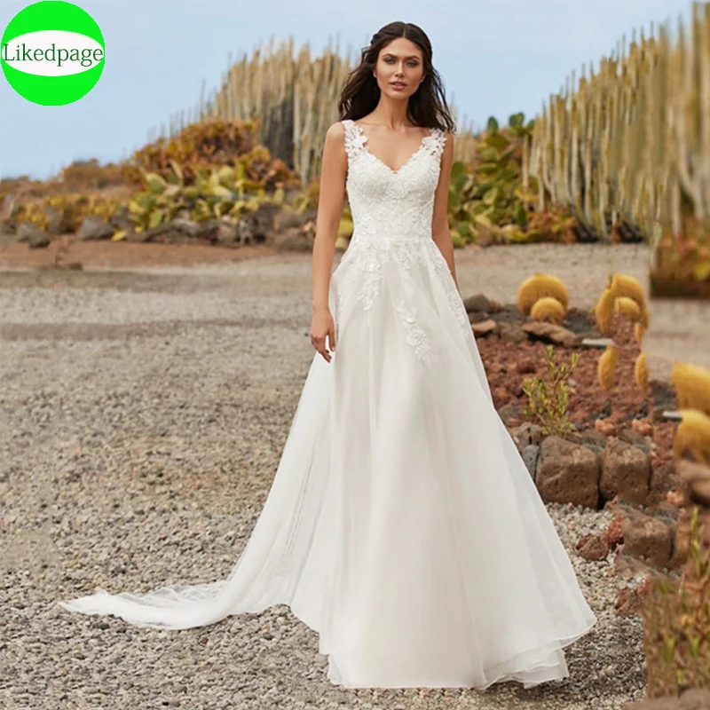 

Elegant Appliques Sleeveless Beach Wedding Dresses For Women2024 Sexy V-Neck Vestidos De Novia A-Line Bride Gowns Chaple Train