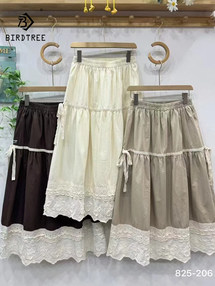 

New 2025 Autumn Cotton Skirt, Women Elastic Waist Lace Patchwork, Mori Girl French Retro Sweet Fairy Loose A-line Skirt B58627CC