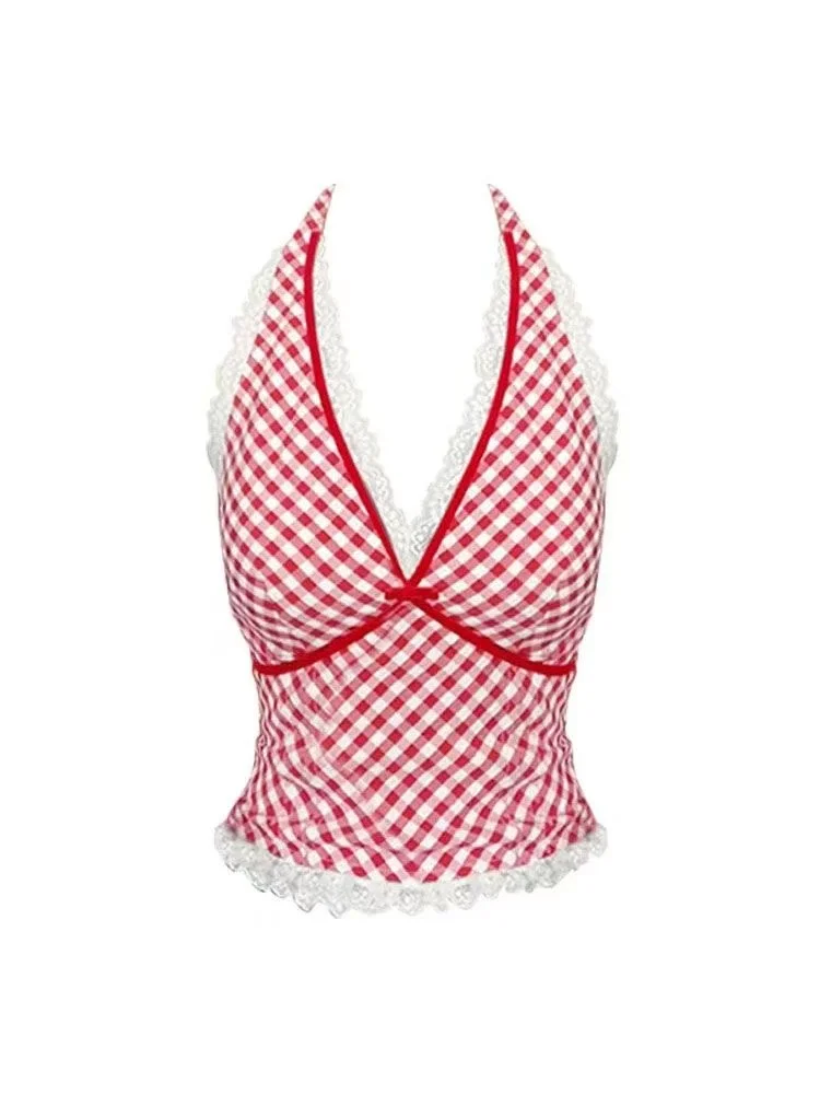 Kadın Kırmızı Ekose Yelek Kaşkorse Yaz Yeni Patchwork Seksi Dantel V Yaka Tankları Asılı Boyun Ince Tatlı Y2k Camiş Baharatlı Kızlar Şık