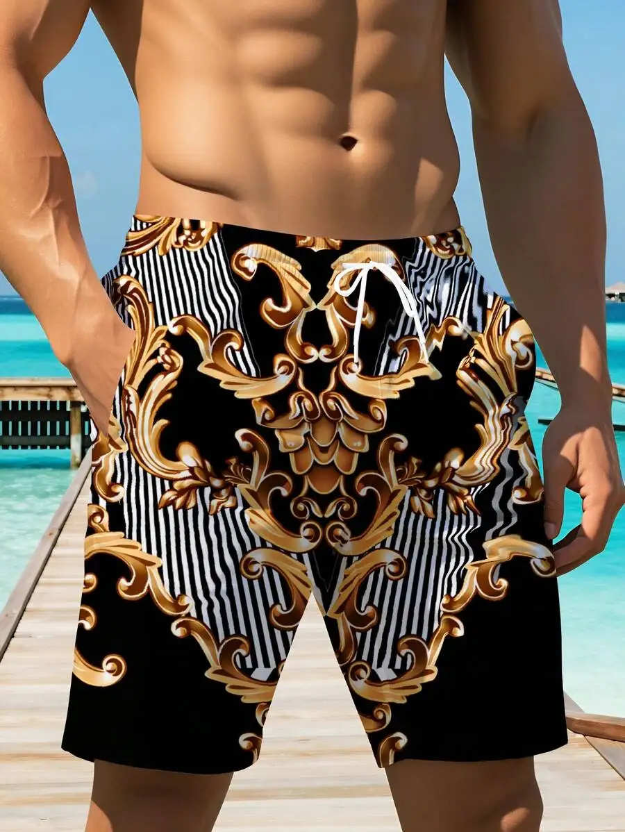 

Baroque Print Mens Board Shorts Black White Striped 3D Printed Swim Trunks For Beach Resort