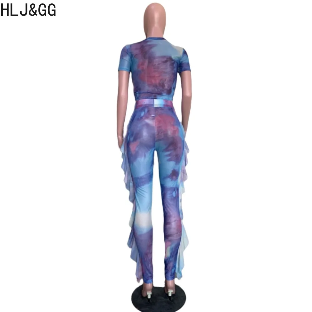 HLJ&GG Fashion Tie Dye Print Mesh Perspective Two Piece Sets Women Round Neck Short Sleeve Crop Top And Ruffle Pants Outfit 2024