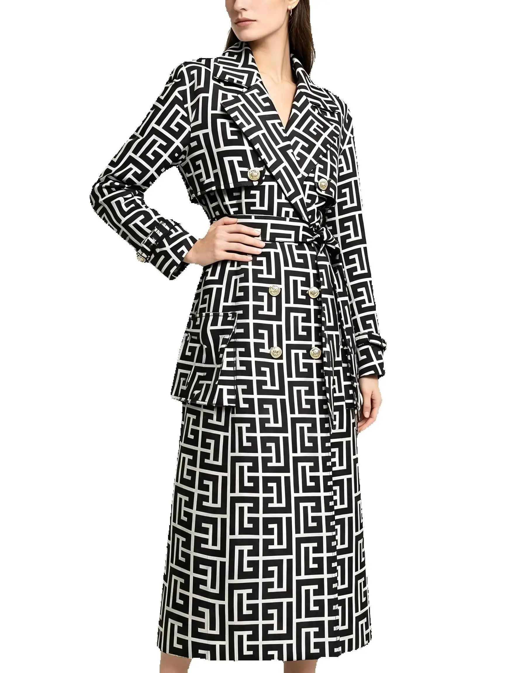 2655 high-quality herringbone jacquard waistband with Hepburn style women's coat temperament commuting mid length trench coat