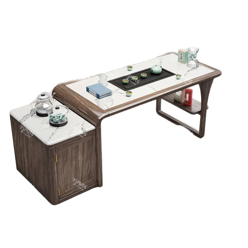 New Chinese spar rock slab tea household coffee table tea kettle integrated table solid wood balcony tea table and chair c