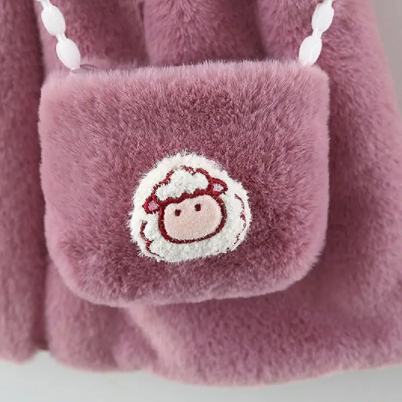 New Winter Baby Girls Coat Shawl Fluffy Little Sheep Ears Sheep Horns Small Animal Crossbody Bag Pearl Button Pleated Vest