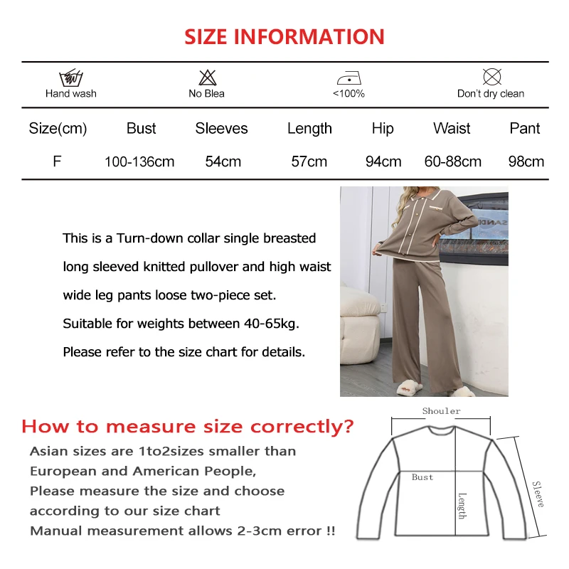 Autumn New Women Casual Loose Set Turn-down Collar Single Breasted Long Sleeved Knit Pullover and High Waist Wide Leg Pants Suit