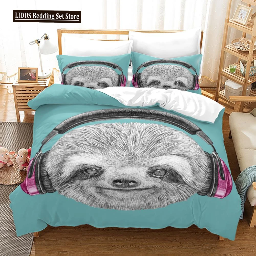 

Sloth Duvet Cover Set DJ Sloth Portrait With Headphones Funny Character Cool Smiling 3 Piece Polyester Bedding Set King Queen