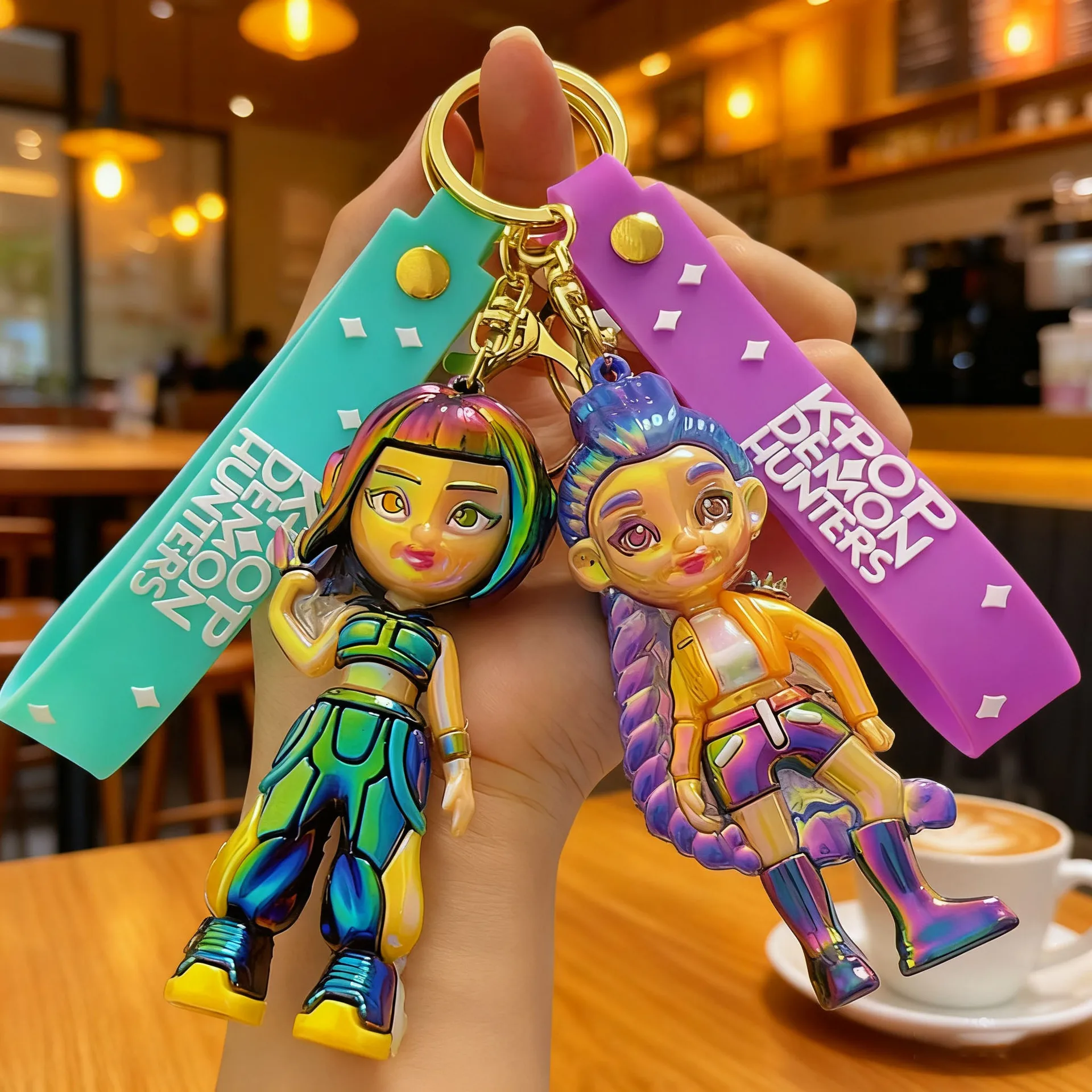 

KPOP Demon Hunters Keychain Electroplated Keychain Cartoon 3D Figurine Couple Bag Accessory Car Key Chain Vehicle Decoration Gif