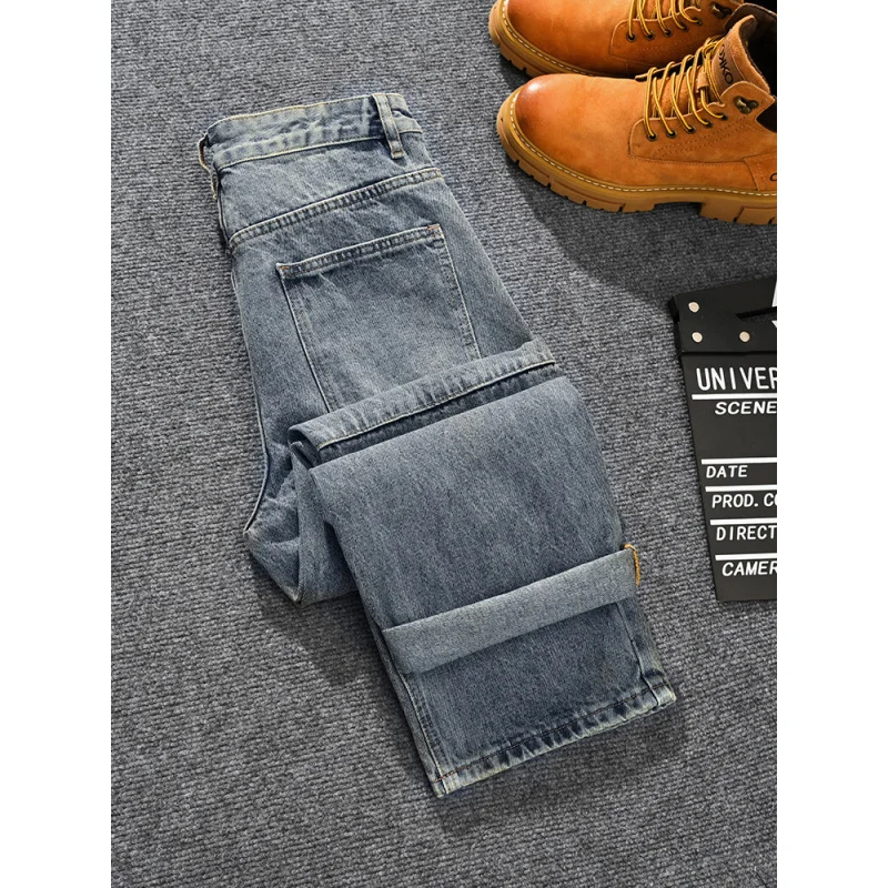 Marca de moda americana retro nostálgico solto perna reta jeans rasgados para homens, babados de rua e calças de perna larga elegantes